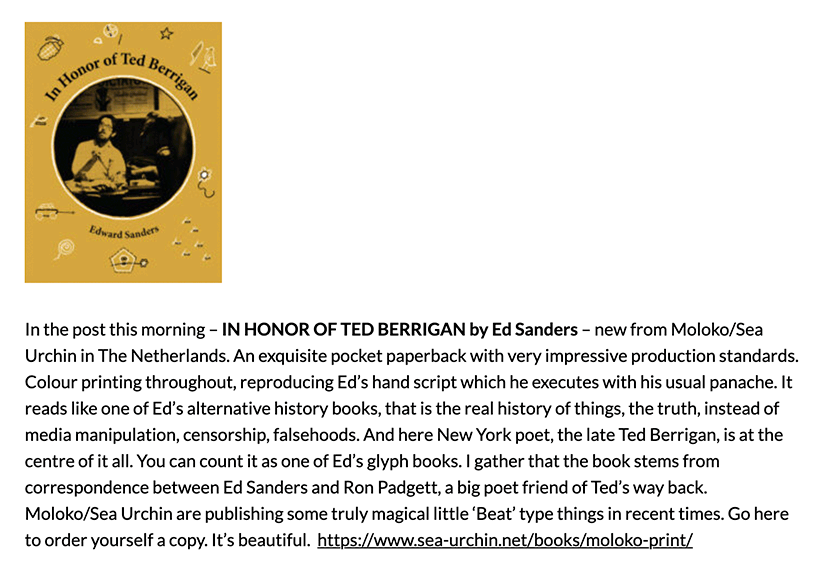 Review of In Honor of Ted Berrigan by Ed Sanders in Beat Scene 104, early Summer 2022.